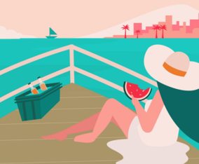 Girl Eating Watermelon Enjoying Summer In Boat Vector Illustration