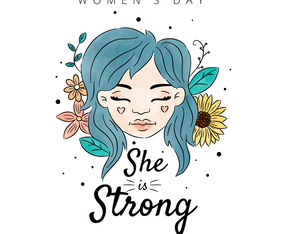 Woman With Blue Hair And Flowers With Leaves Around To Women's Day