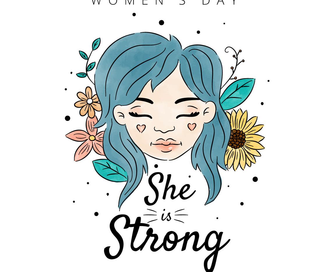 Woman With Blue Hair And Flowers With Leaves Around To Women's Day