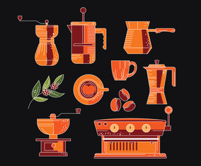 Colorful Coffee Elements Set on Black Background