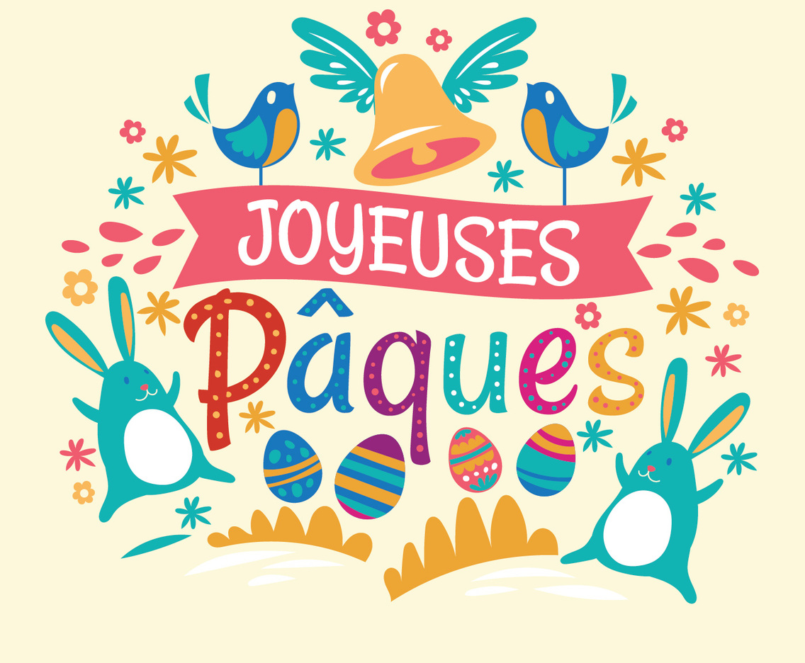 Happy Easter  or Joyeuses Pâques Typographical Background With Rabbit And Flowers