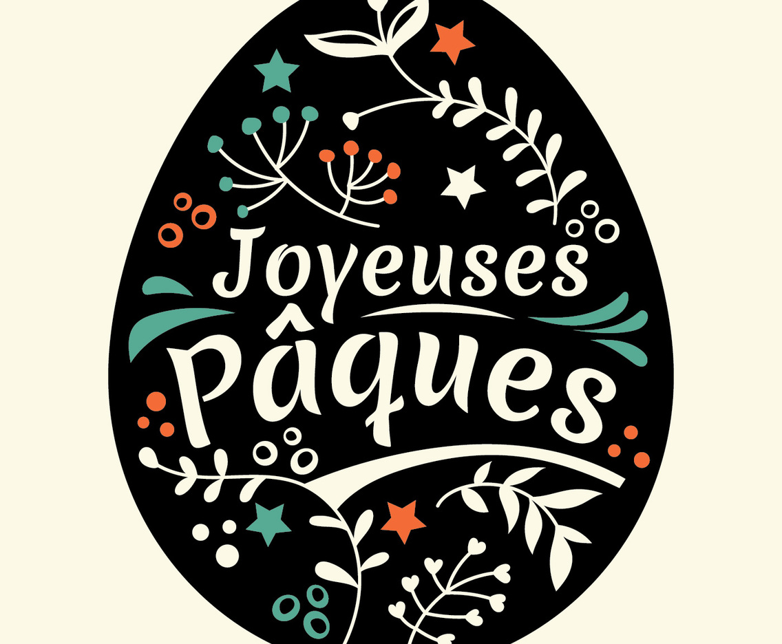 Happy Easter Lettering or Joyeuses Pâques with Eggs and Leaves Background