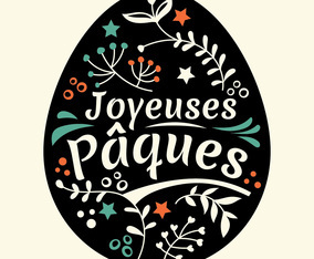 Happy Easter Lettering or Joyeuses Pâques with Eggs and Leaves Background
