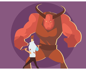 Man With Nuchaku Vs Giant Red Bull Man Vector