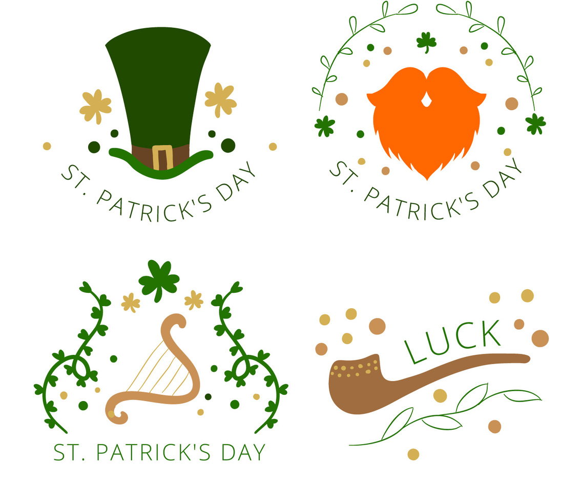 Cute St. Patrick's day Badge With Hat, Orange Beard, Pipe And Clover