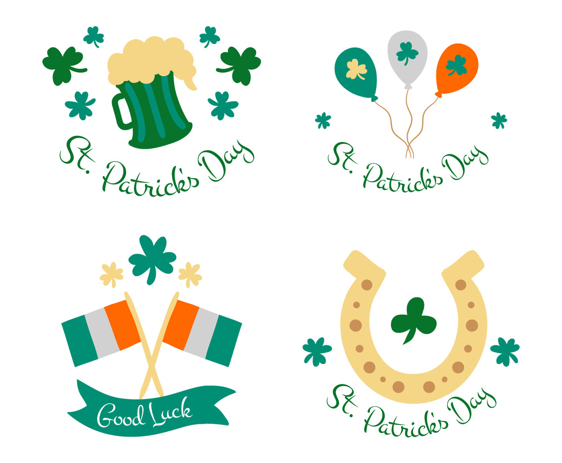 Cute Badge Collection With Ballon, Flag, Beer And Clover About St. Patrick's Day