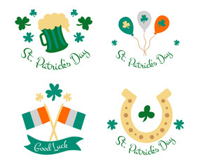 Cute Badge Collection With Ballon, Flag, Beer And Clover About St. Patrick's Day