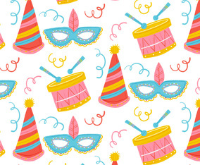 Cute Carnival Pattern With Drum, Mask And Hat