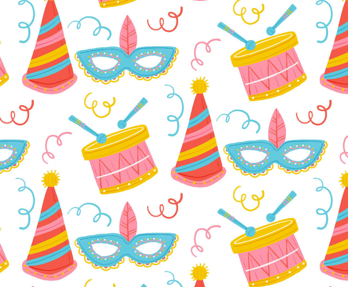 Cute Carnival Pattern With Drum, Mask And Hat