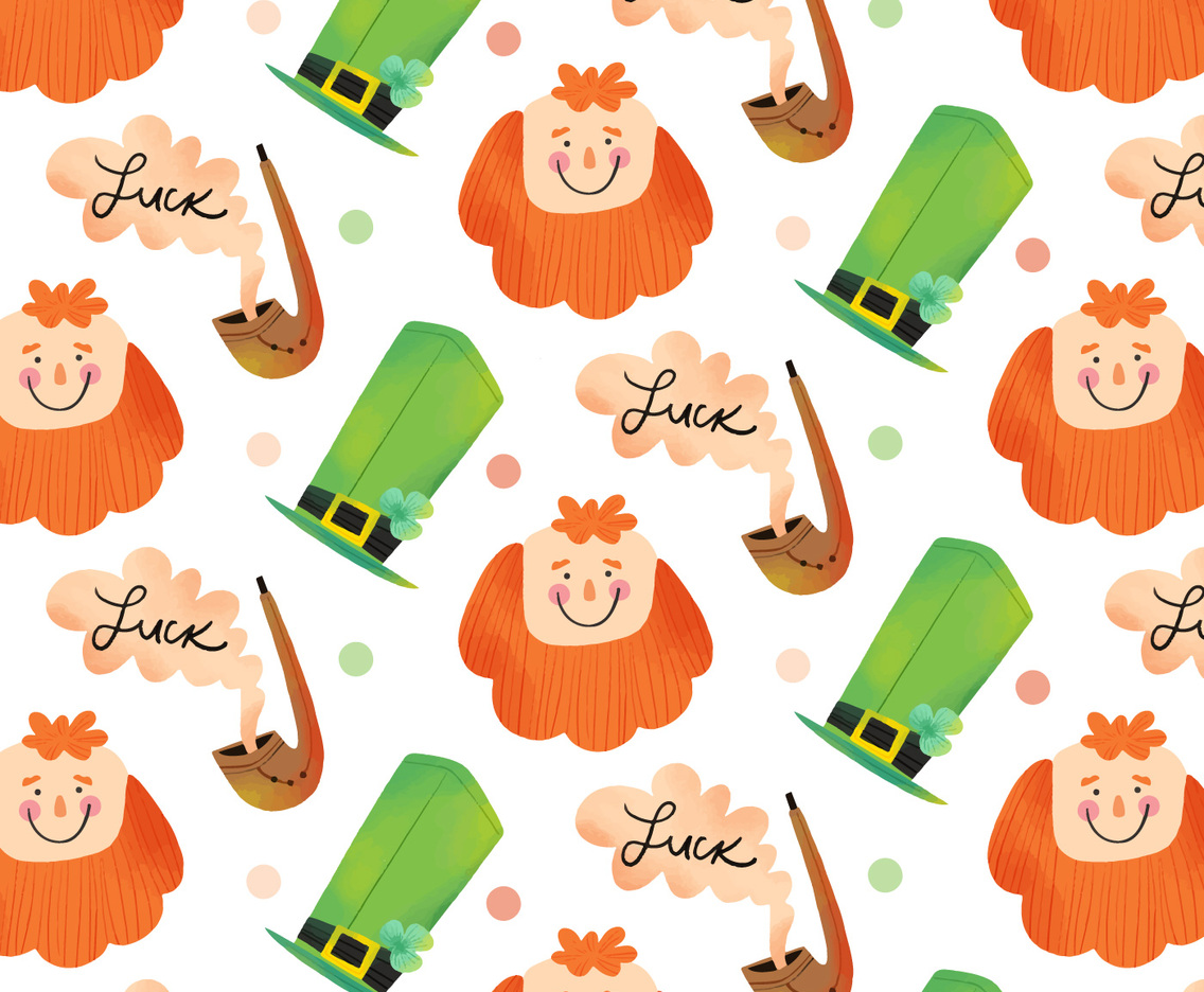 Cute Irish Pattern With Irish Hat, Ginger Man And Pipe With Smoke