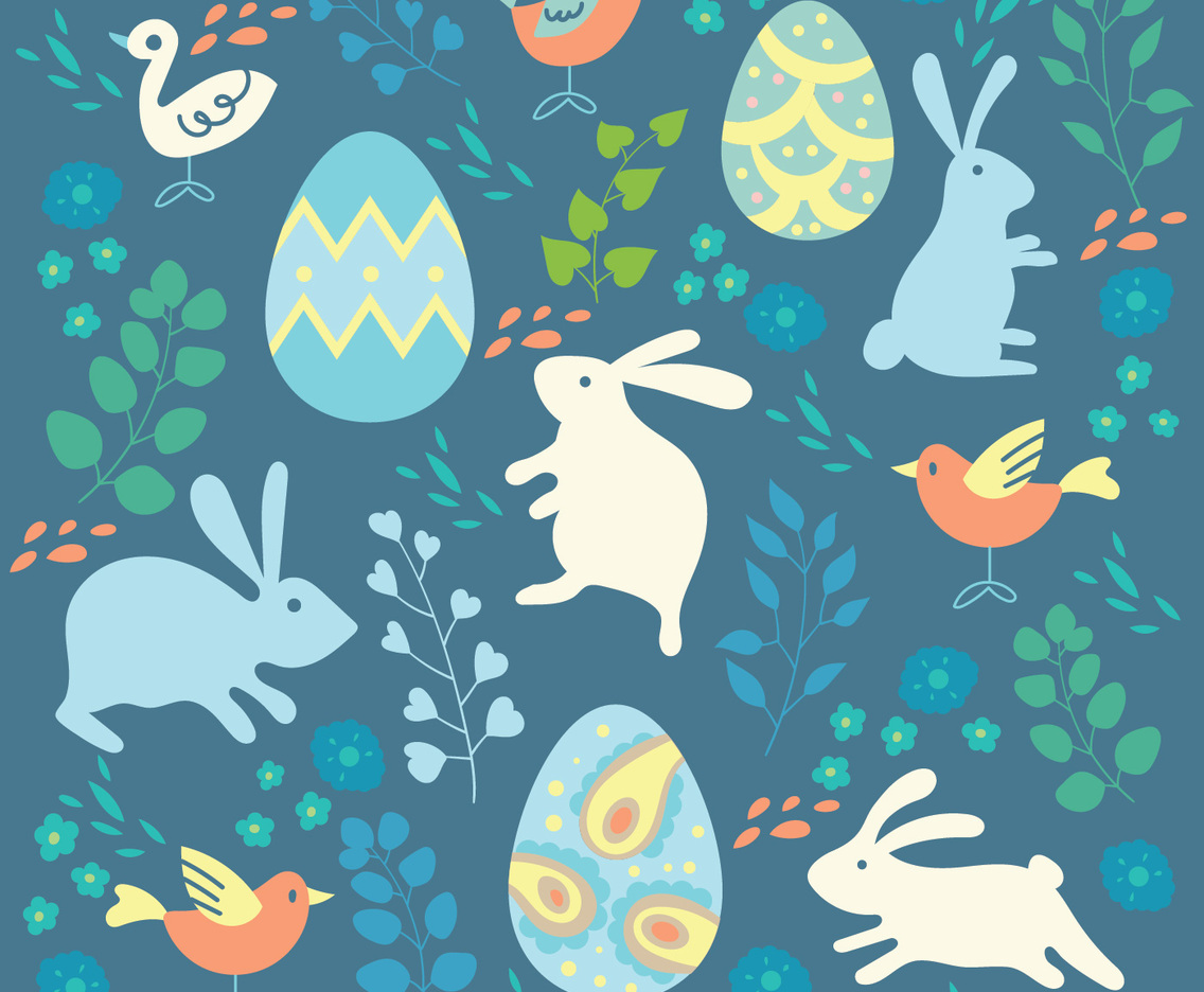 Happy Easter Background with Colored rabbits, Eggs and Birds