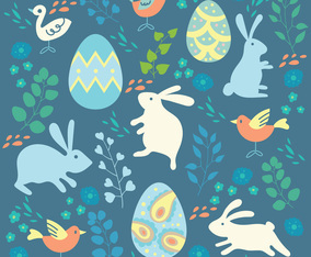 Happy Easter Background with Colored rabbits, Eggs and Birds