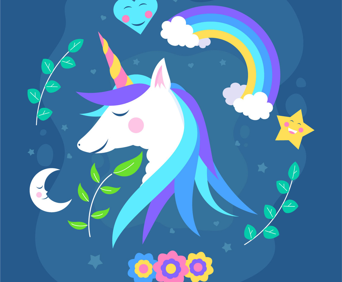 unicorn bust surrounded by flowers moon and stars