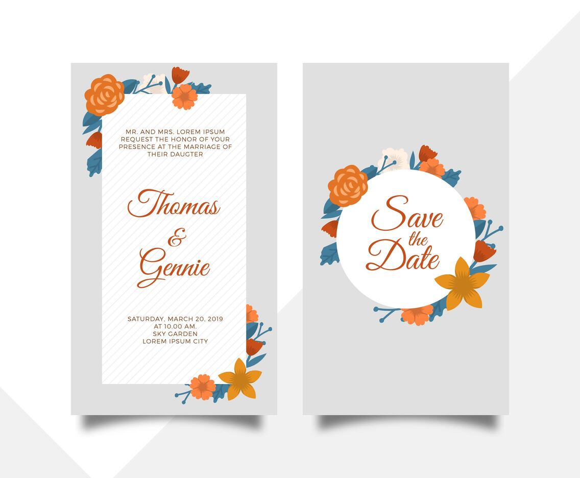 Flat Floral Wedding Invitation Card Vector Template