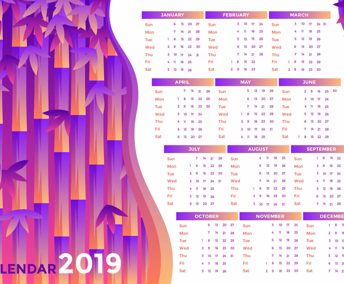 Bamboo 2019 Printable Calendar Vector