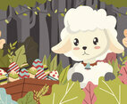 Happy Sheep Hunting Easter Eggs Vector Background Illustration