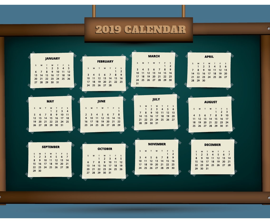2019 Printable Calendar On A Blackboard