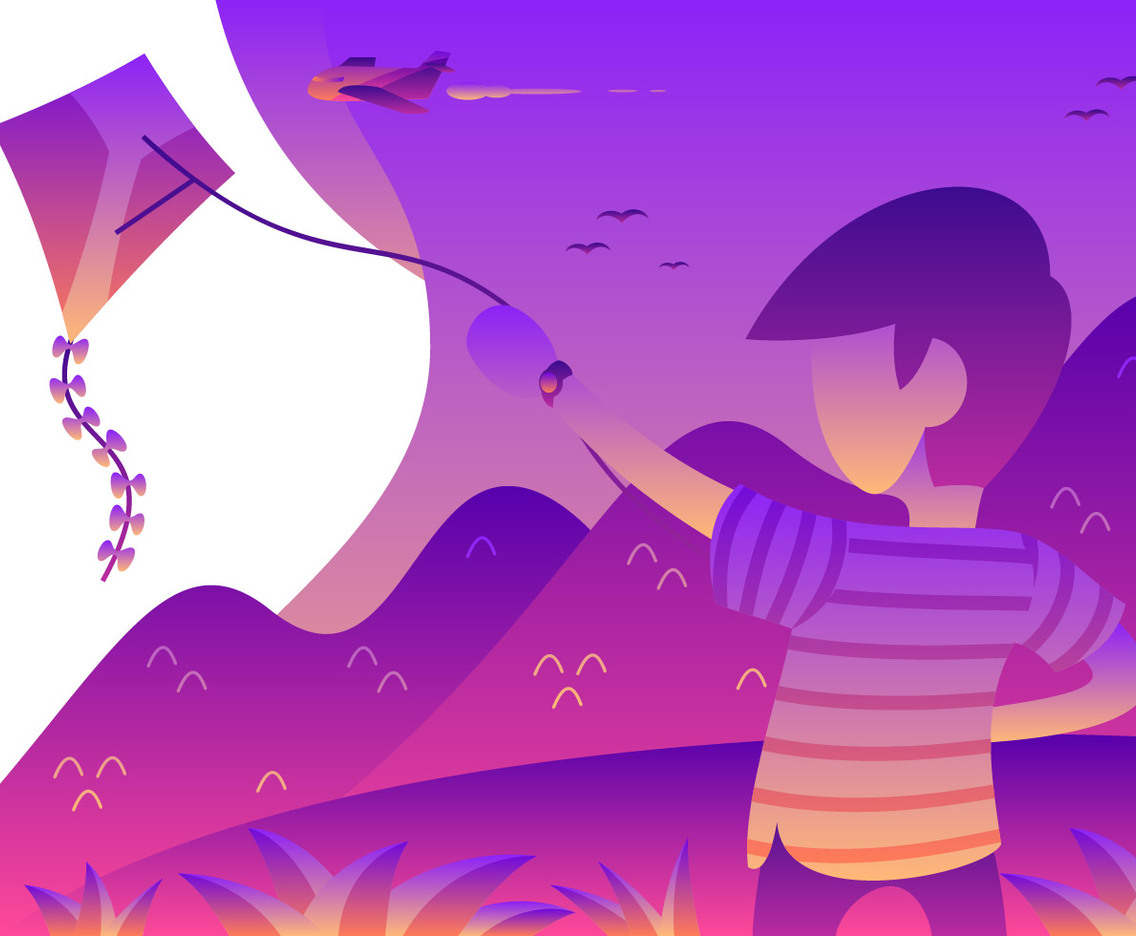 Boy Is Flying A Kite In The Yard Vector