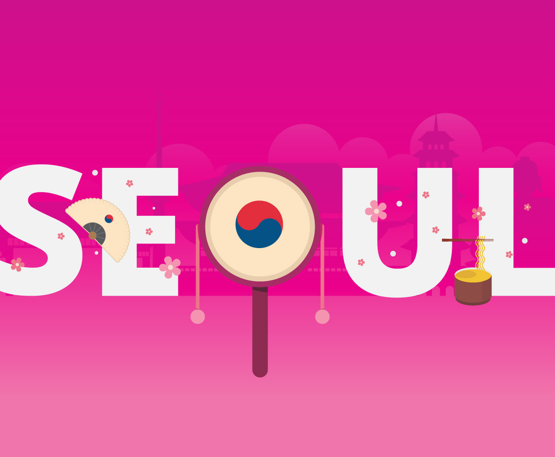 Seoul Korea City Typography with Famous Buildings as Background