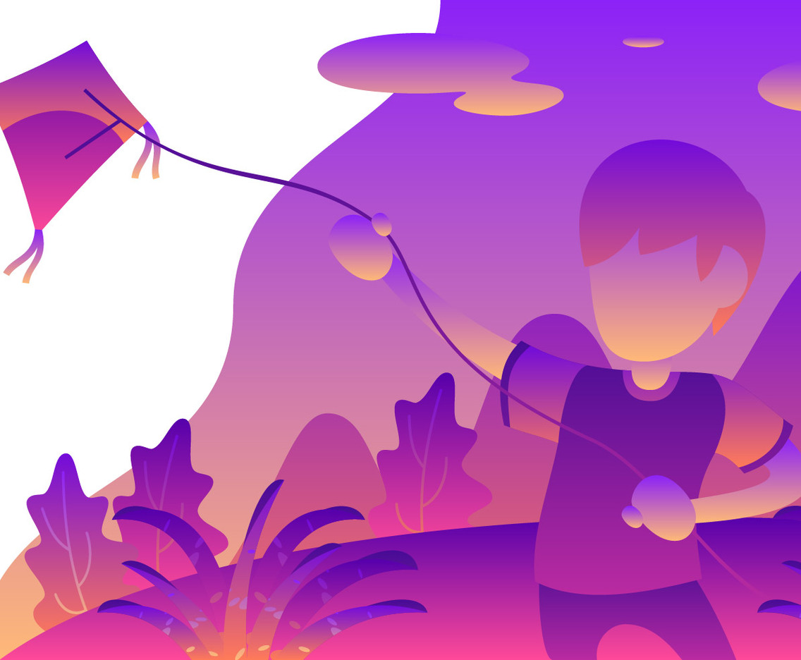 Young People Playing A Kite In The Yard Vector