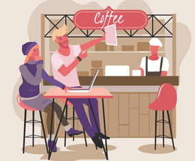 Young Couple in a Coffee Shop Using Laptop Enjoy the Social Media