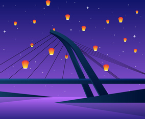Sky Lantern Festival On Lover's Bridge Taiwan Vector Illustration