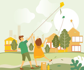 Happy Young Couple in Love Flying a Kite at Summer