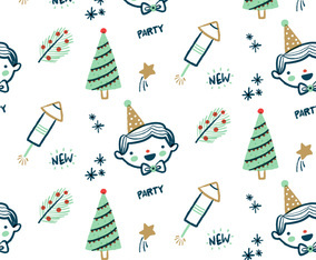 Pattern Happy New Year With Fireworks And Pines.