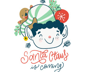 Christmas Elf with Gingerbread, Christmas Ball and Lettering.