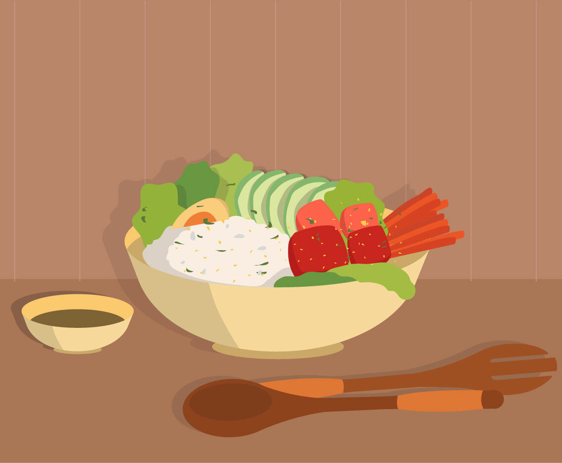 Organic Food Poke Bowl Vector Flat Illustration