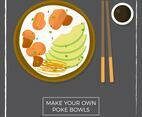 Flat Top View Hawaiian Poke Bowl With Salmon and Avocado Vector illustration