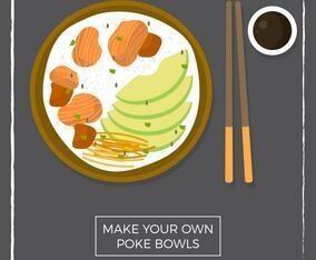 Flat Top View Hawaiian Poke Bowl With Salmon and Avocado Vector illustration