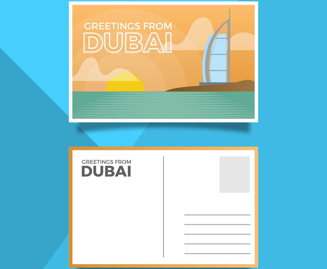 Flat Dubai Landmark Burj Al Arab Jumeirah Postcard Vector Illustration