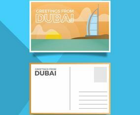 Flat Dubai Landmark Burj Al Arab Jumeirah Postcard Vector Illustration