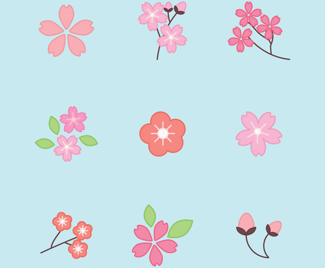 Set Of Outlined Cherry Blossom Flowers