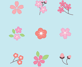 Set Of Outlined Cherry Blossom Flowers