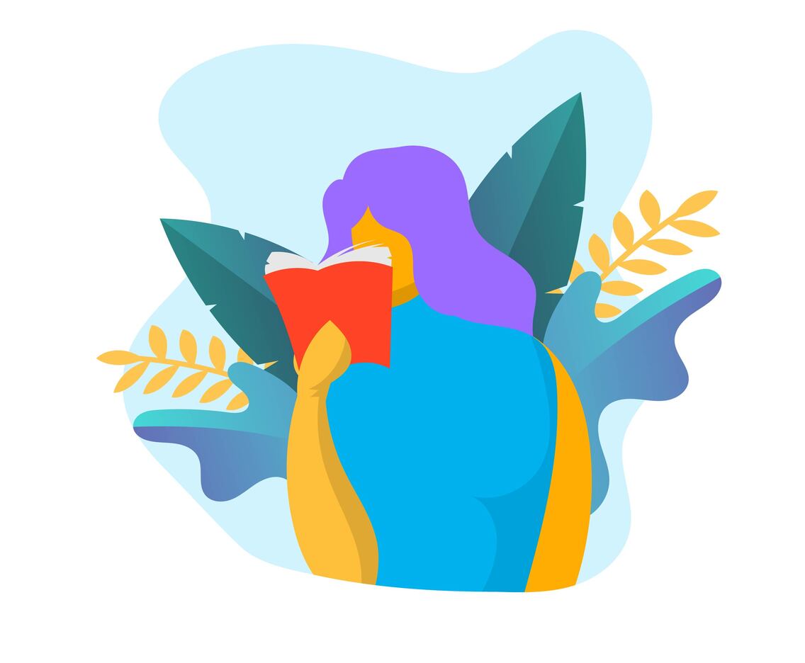 Flat Cute Bookworm Woman is Reading Book Vector Illustration