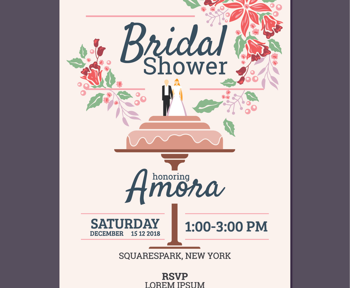 Bridal Shower Invitation with flowers and Wedding Cake