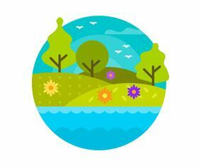 Flat Modern Spring Landscape In Circle Frame Vector Illustration