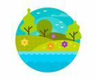 Flat Modern Spring Landscape In Circle Frame Vector Illustration