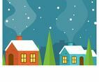 Flat Minimalist Winter Village Vector Illustration