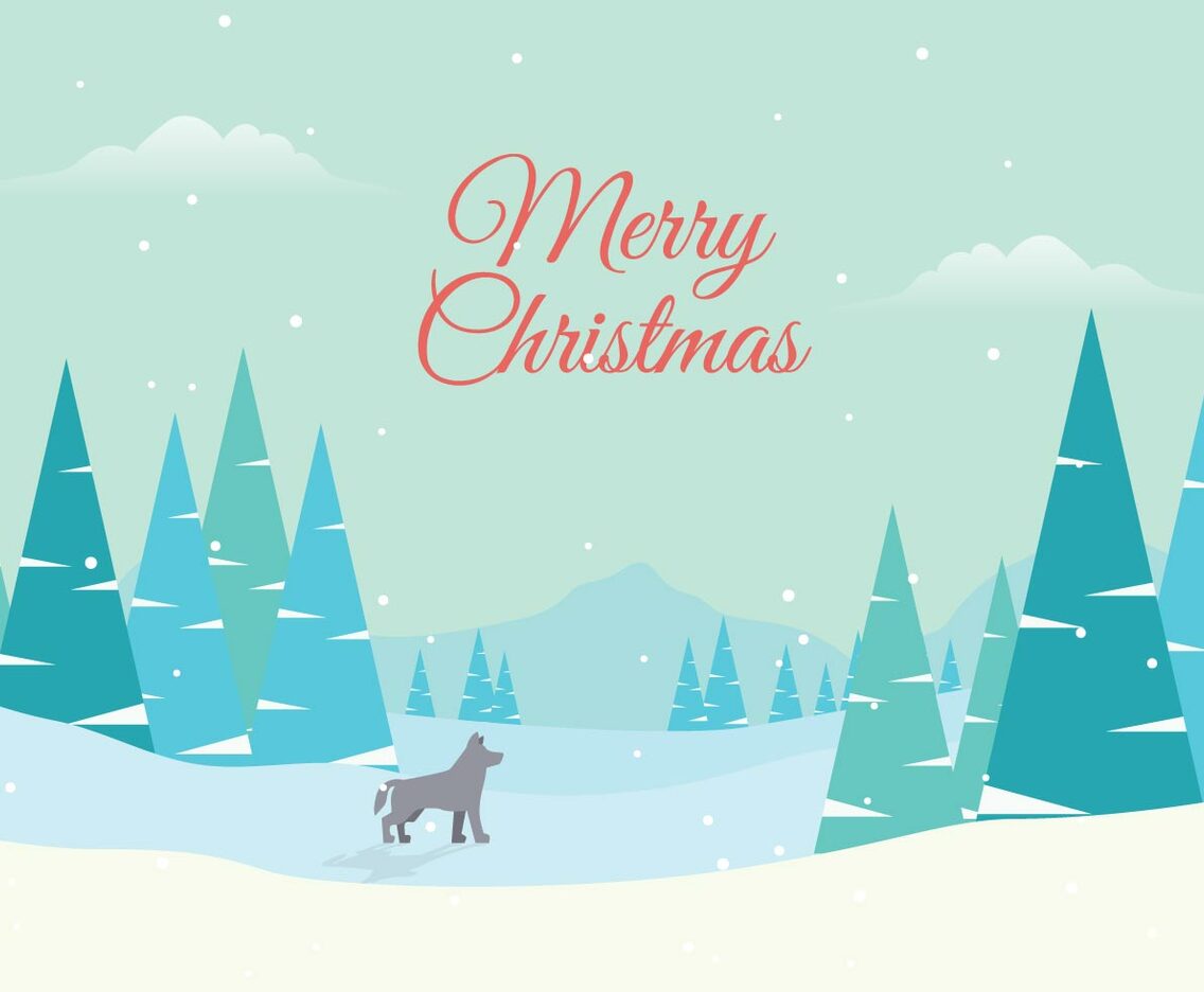 Winter Forest Landscape with Lettering of Merry Christmas