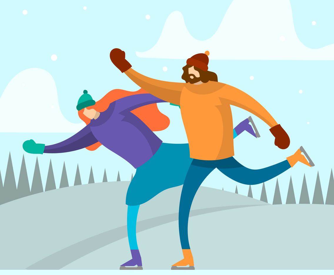 Flat Couple Play Ice Skating Vector Illustration