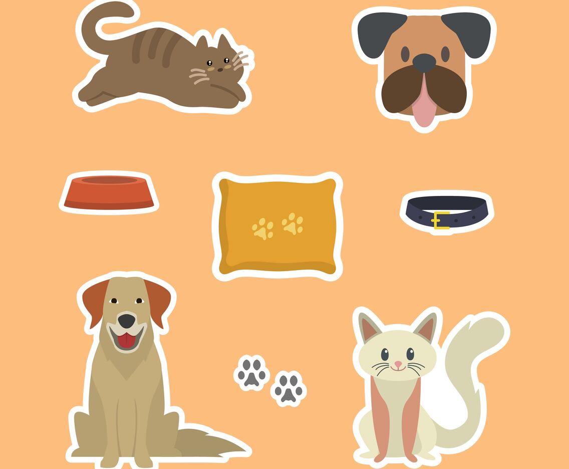 Flat Funny Cat and Dog Sticker Template Vector Illustration
