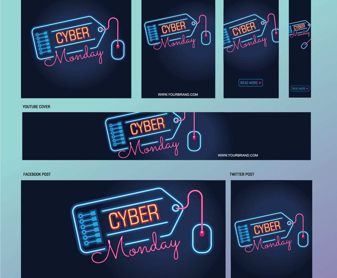 Cyber Monday social media post template with fluorescent lamps or neon style