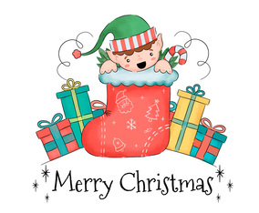 Cute Elf Inside Sock With Gifts Around