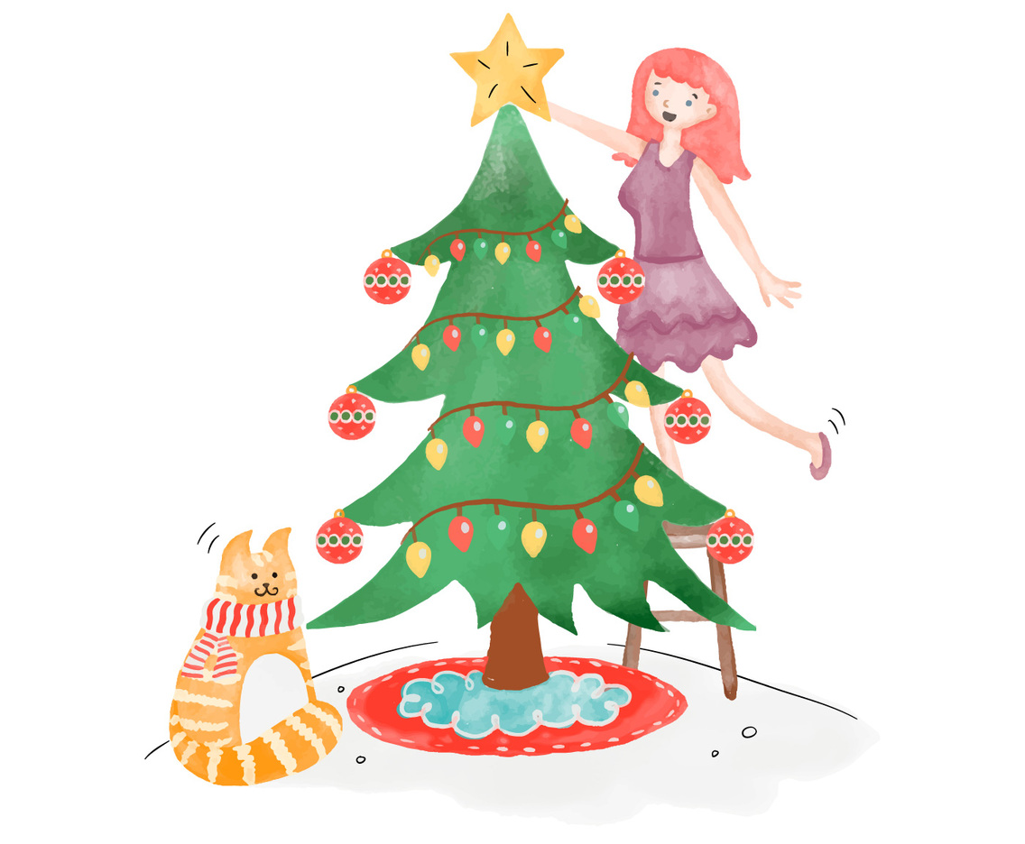 Cute Christmas Tree With Girl And Cat