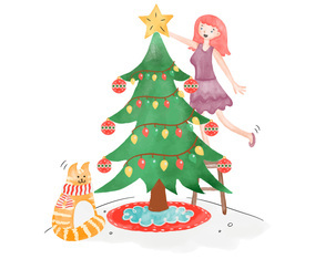 Cute Christmas Tree With Girl And Cat