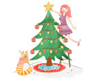 Cute Christmas Tree With Girl And Cat