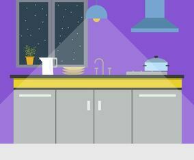 Flat Kitchen Interior with Window Vector Illustration